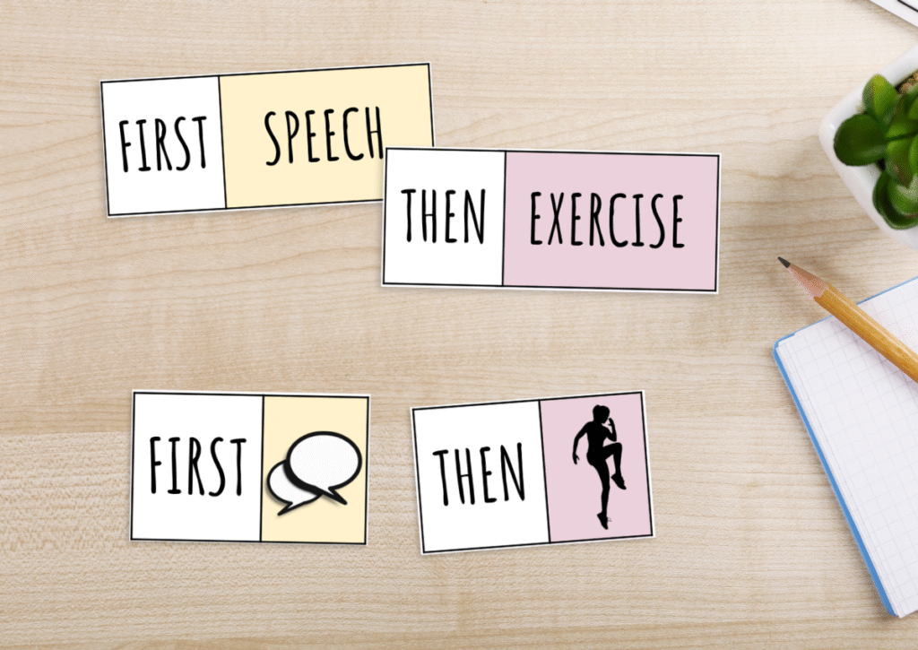 First-then visual schedule cards on a desk