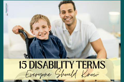 Child in a wheelchair smiling with a caregiver