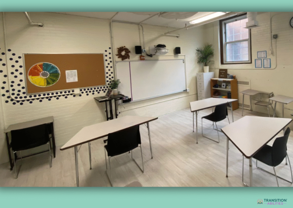 Classroom arranged with clear seating and learning spaces
