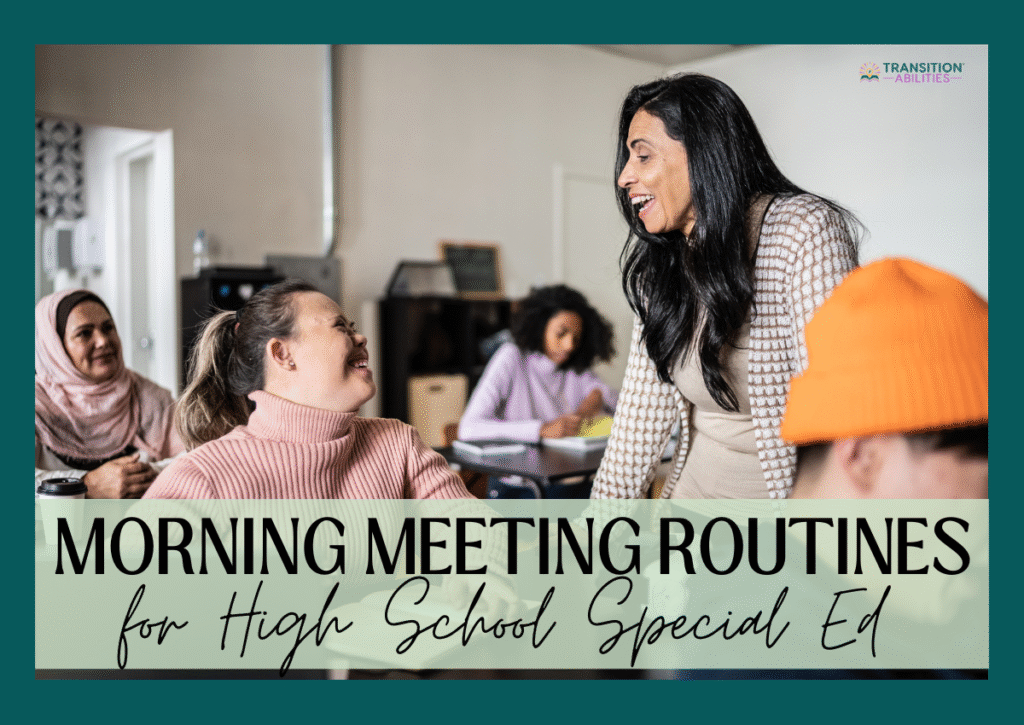 Teacher leading a morning meeting with high school special education students