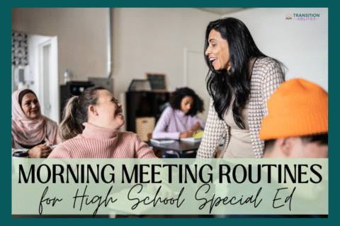 Teacher leading a morning meeting with high school special education students