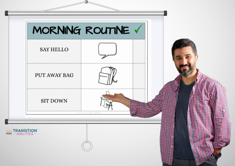 Teacher presenting a visual morning routine chart