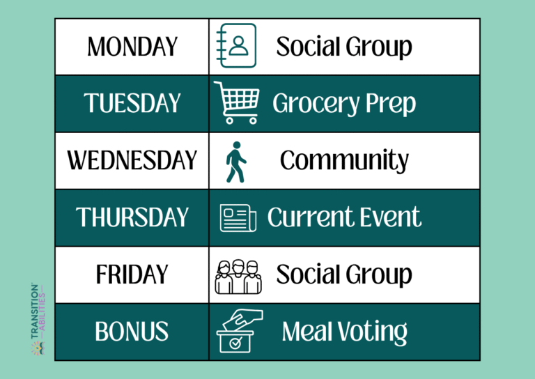 Weekly classroom schedule with life skills and community activities