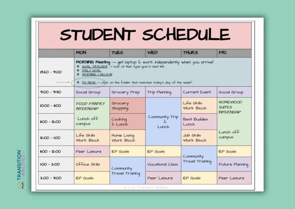 Student schedule with daily classes and activities