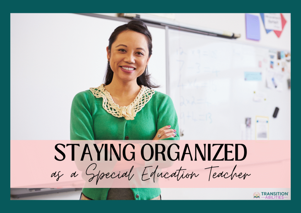 Special education teacher standing in classroom smiling