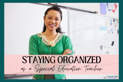 Special education teacher standing in classroom smiling