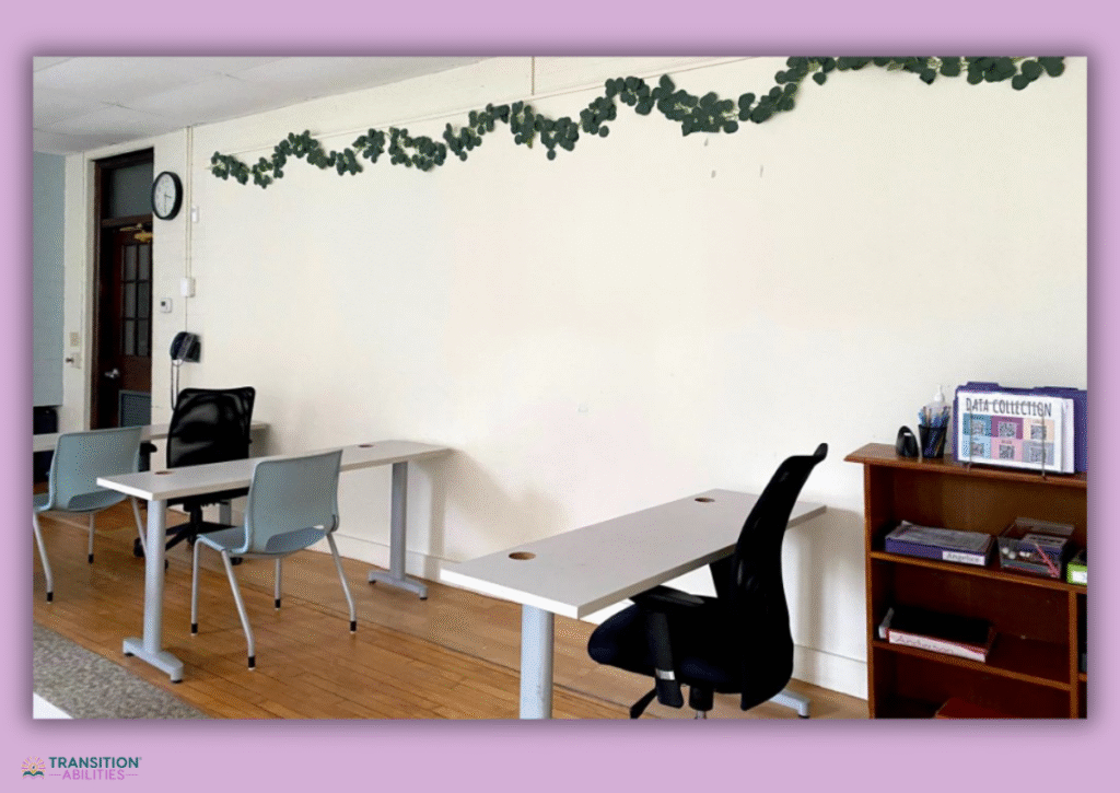 Organized classroom desks and data collection shelf