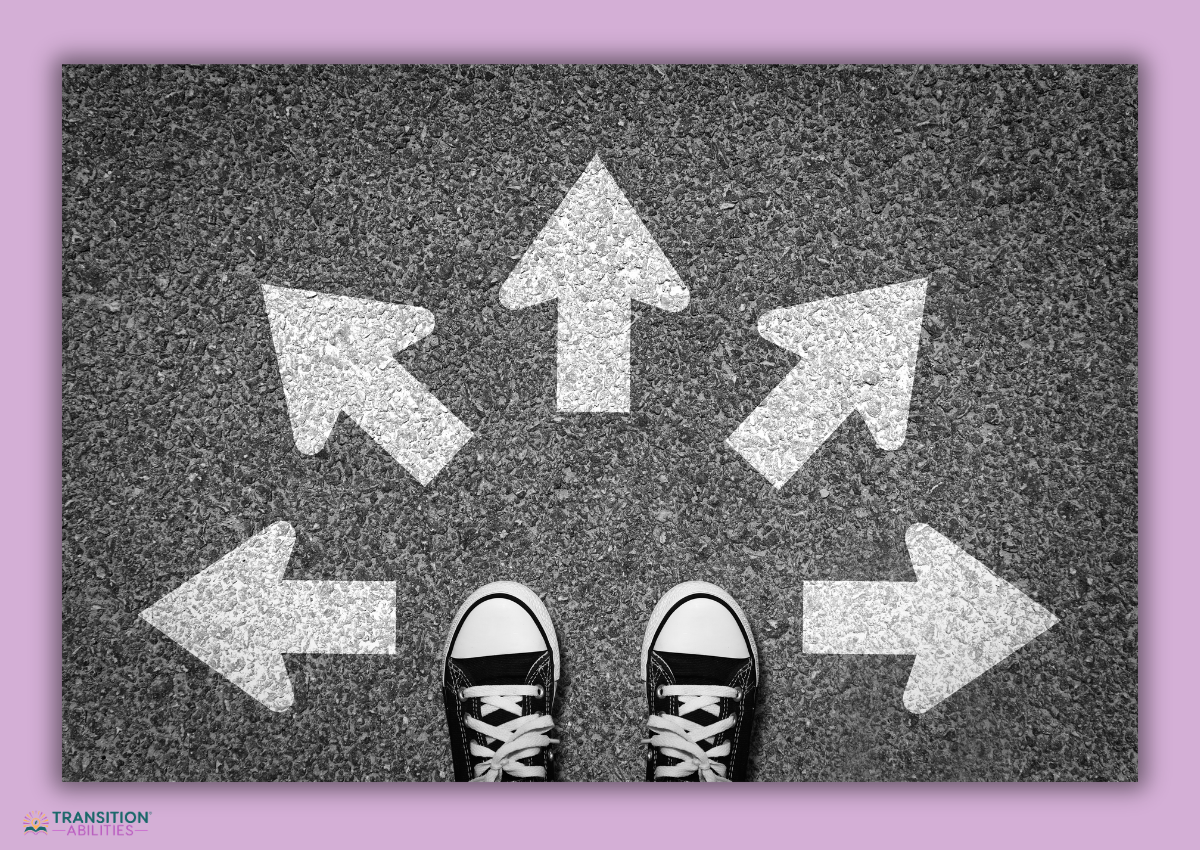 Shoes standing in front of directional arrows