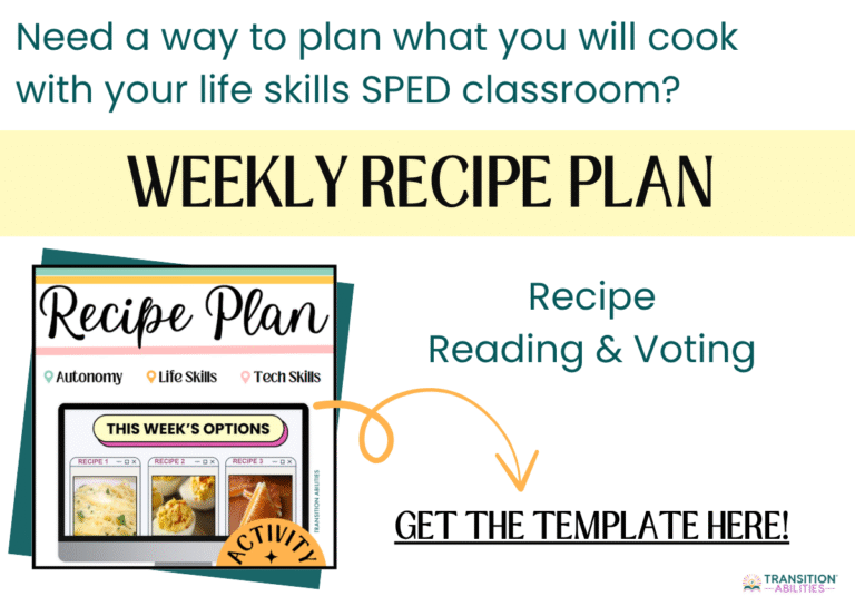Weekly recipe plan for life skills classroom