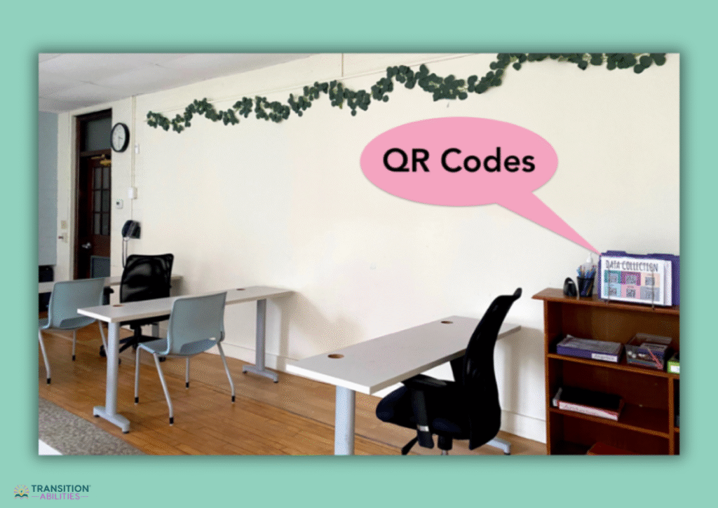 Classroom setup with QR codes and desks
