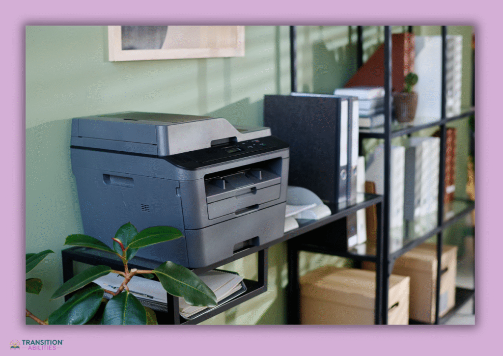 Printer and classroom supplies on storage shelf
