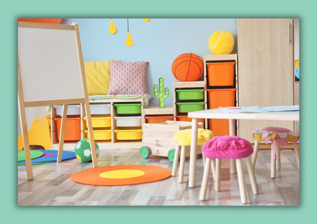 Colorful sensory classroom with storage bins and stools