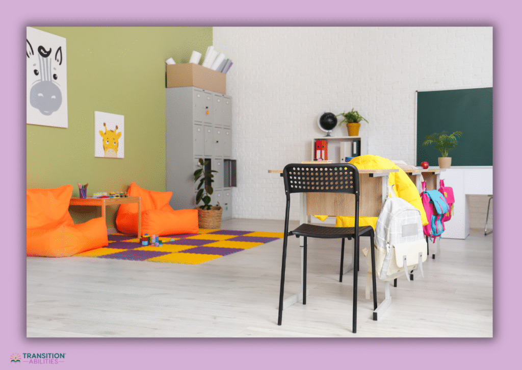Calm classroom setup with bean bags and desk