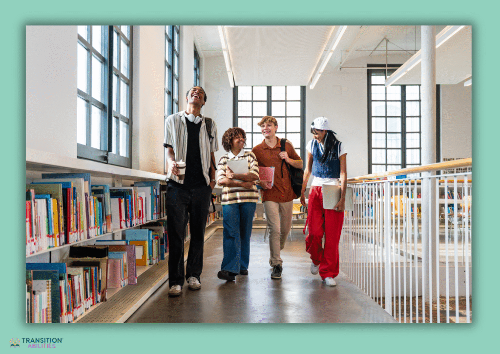 Students walking together through library hallway