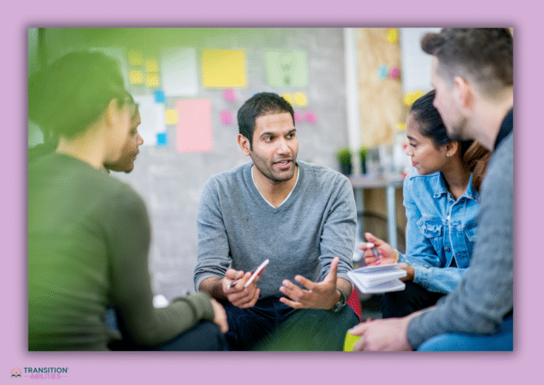Small group discussion with adults in classroom setting