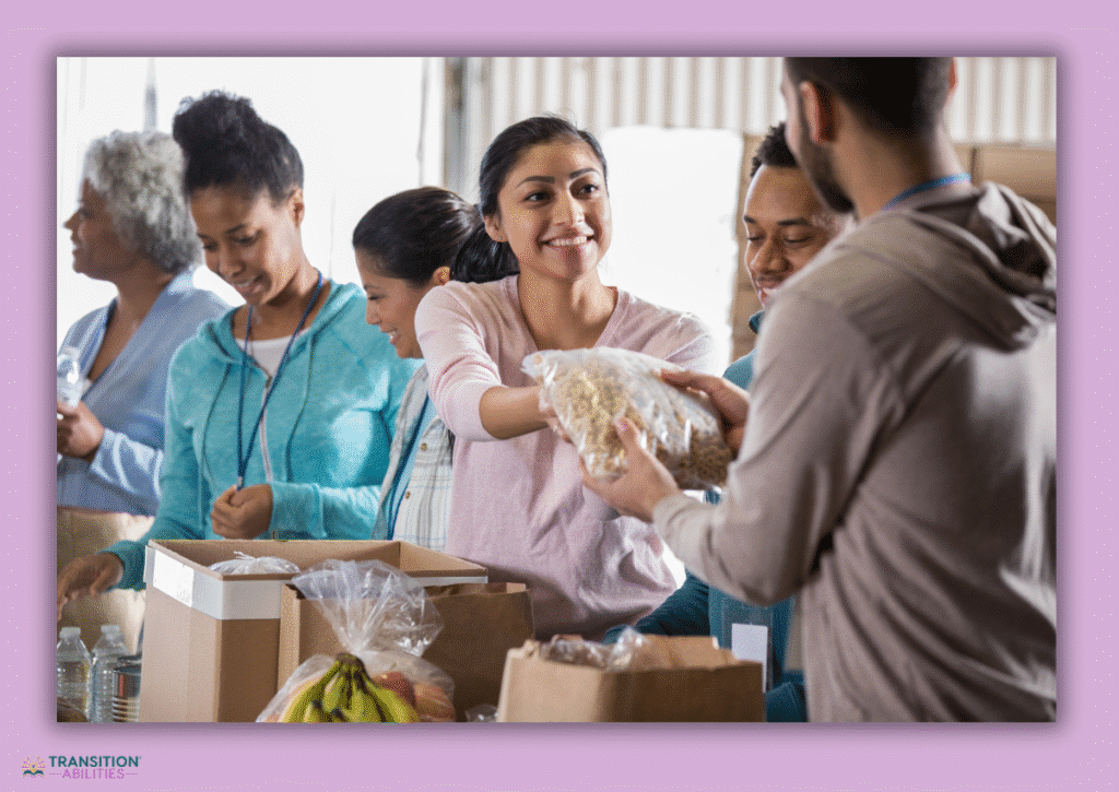 Volunteers packing and handing out food donations