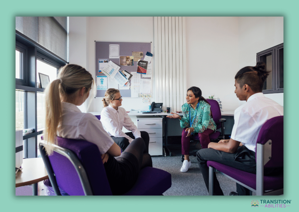 Teachers in a small group discussion