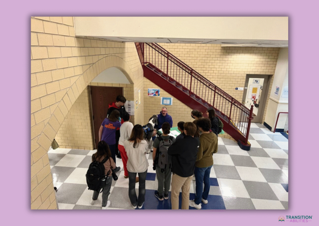 Students gathered around disability awareness activity