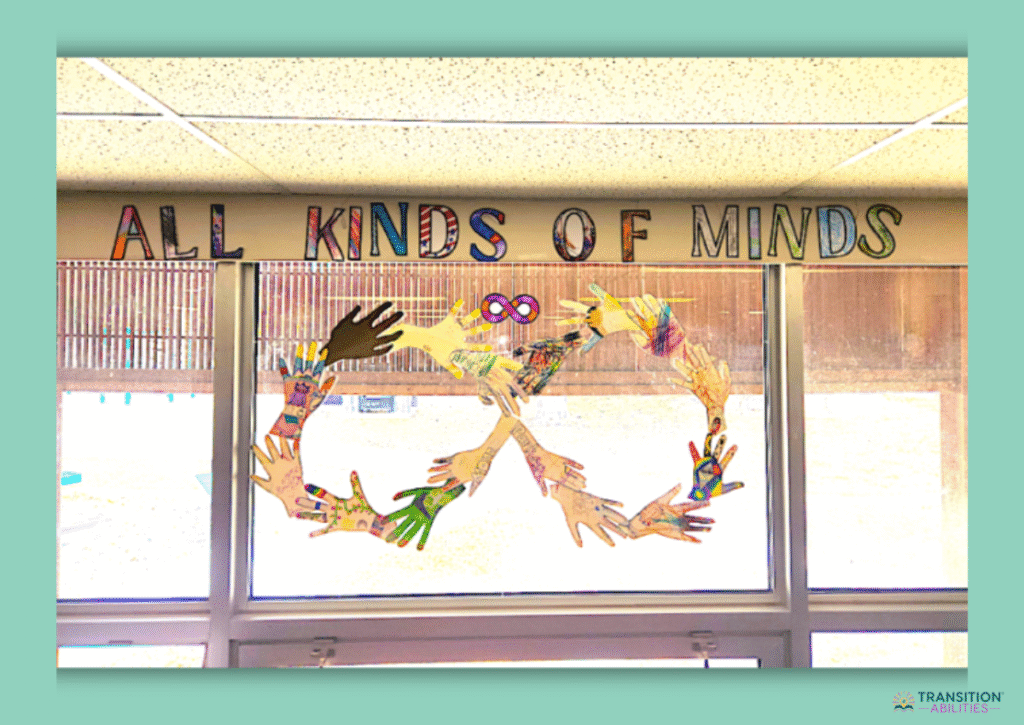 “All kinds of minds” inclusive school display with hand art