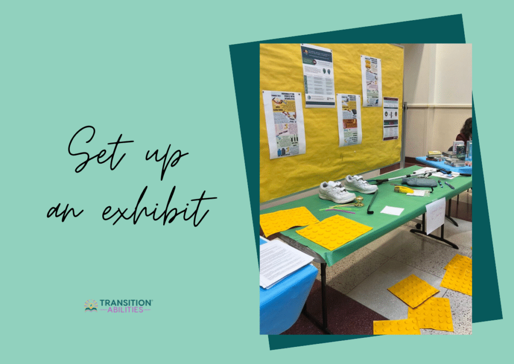 Table display set up for disability awareness exhibit