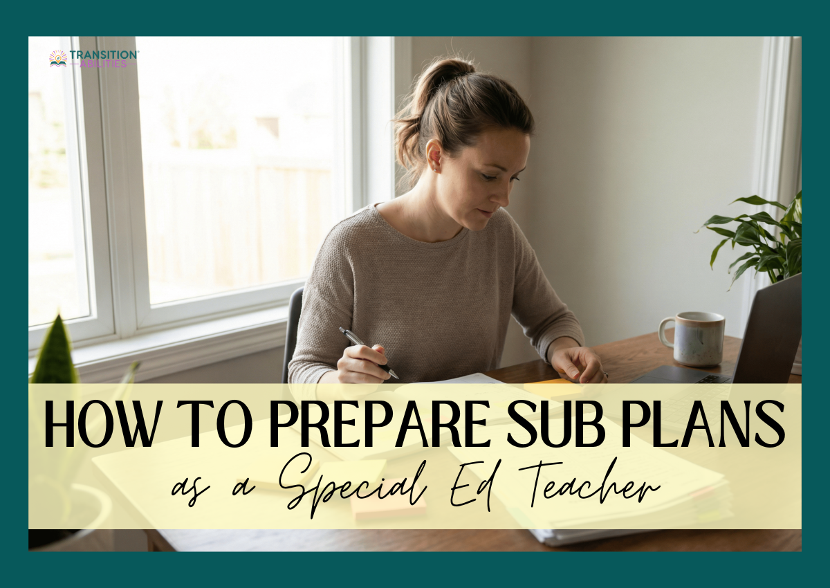 Woman writing at desk with laptop and notes about preparing sub plans
