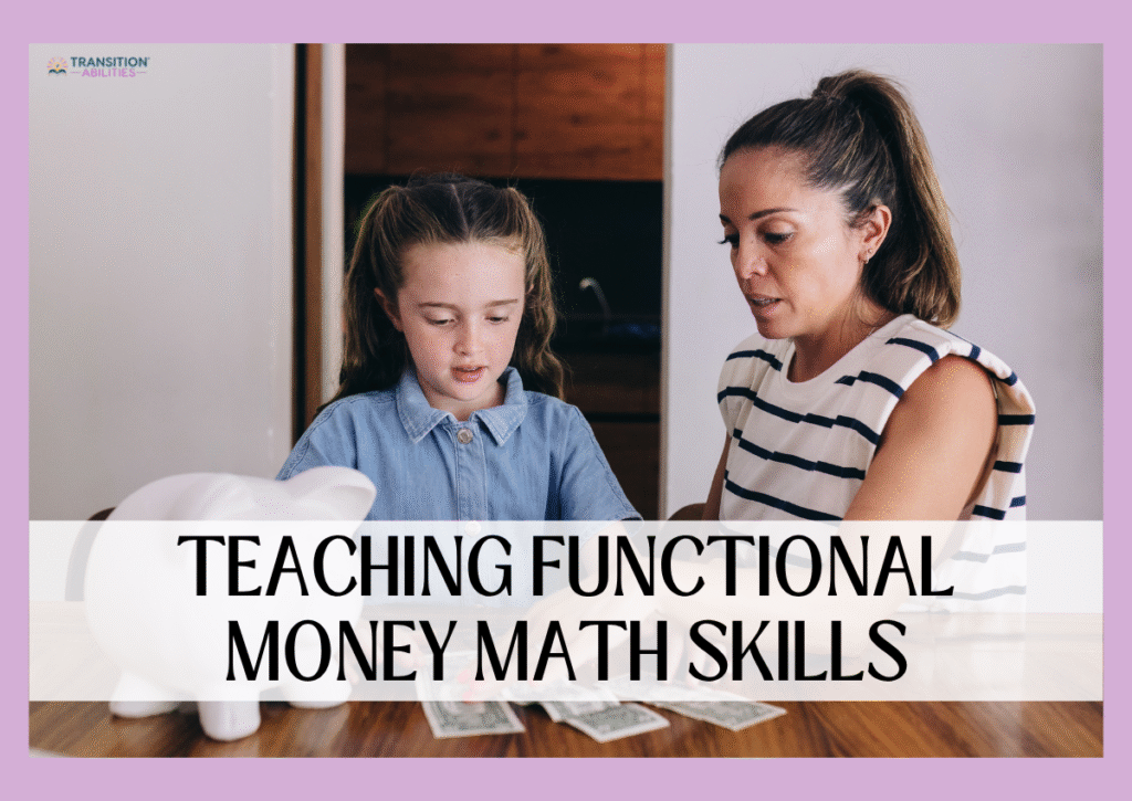 Adult teaching child money skills with cash and piggy bank