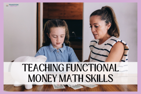 Adult teaching child money skills with cash and piggy bank