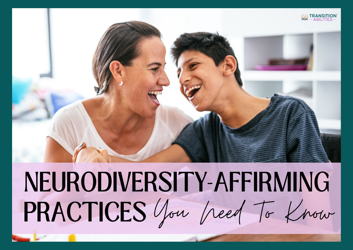Teacher and student smiling together and a text about neurodiversity practices