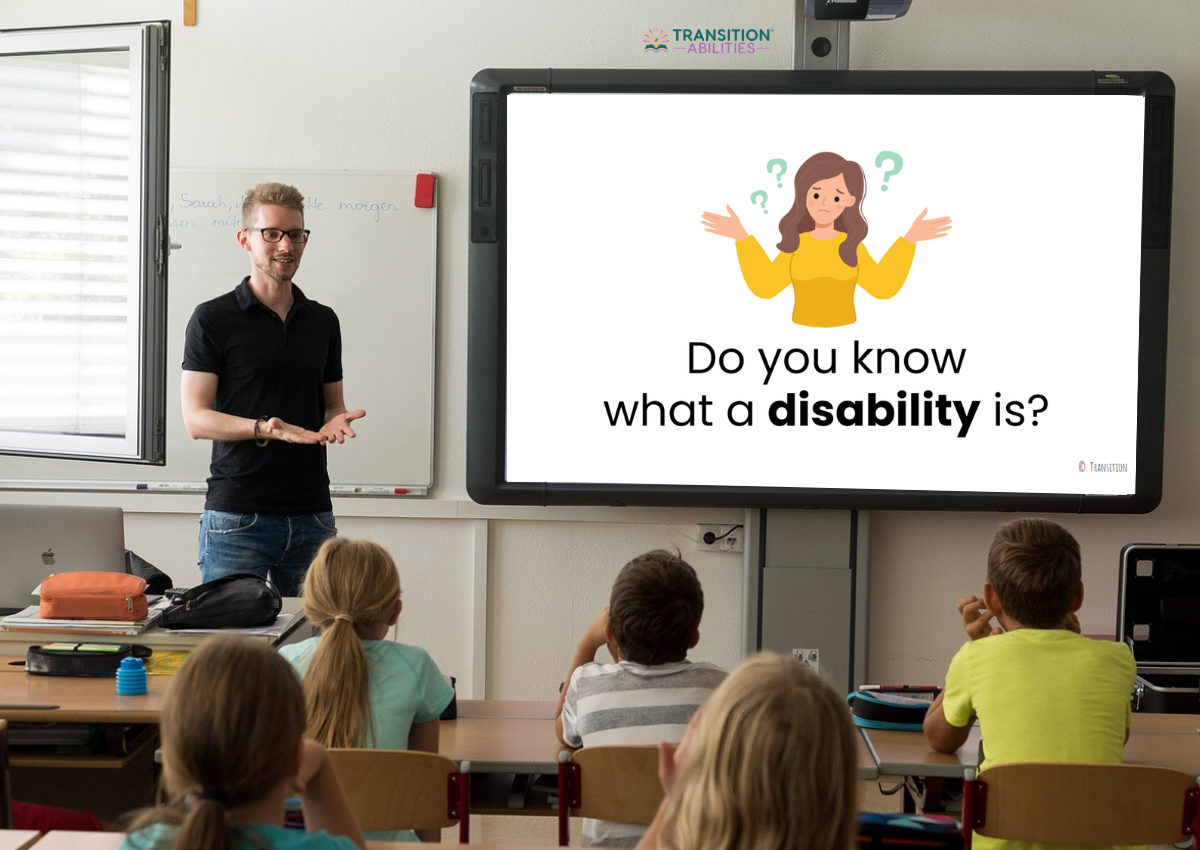 Teacher presenting lesson about disability to students in classroom