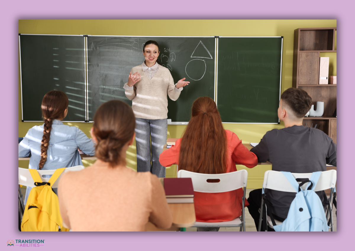Teacher standing in front of class teaching students at a chalkboard