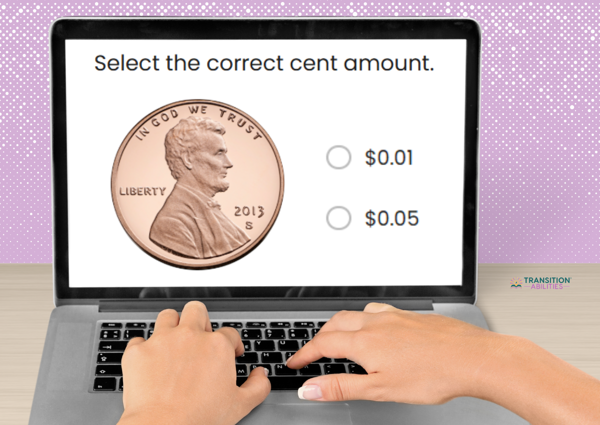 Laptop showing coin value question with penny and answer choices