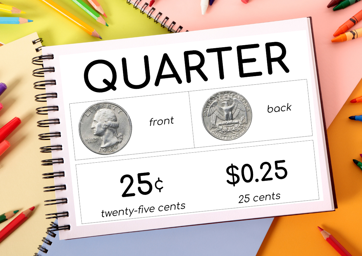 Notebook page showing quarter coin front and back with value