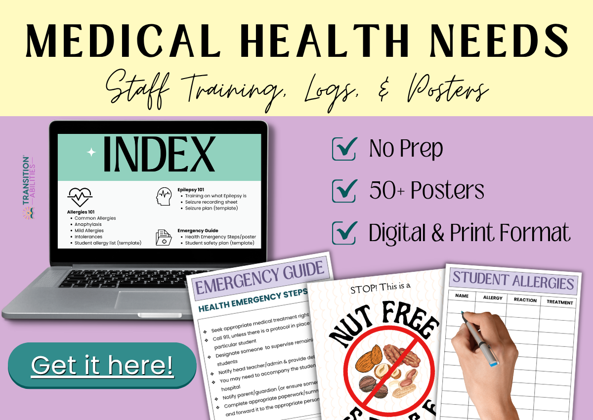 Medical health needs resources with laptop, posters, and allergy form