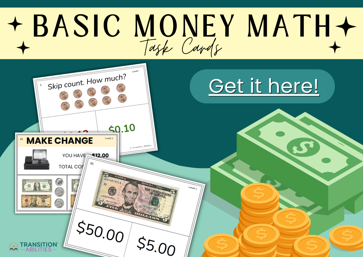 Basic money math task cards with coins, bills, and change activities