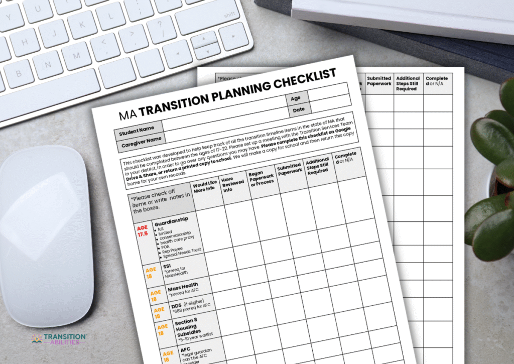 Transition planning checklist sheets on a desk with keyboard and mouse