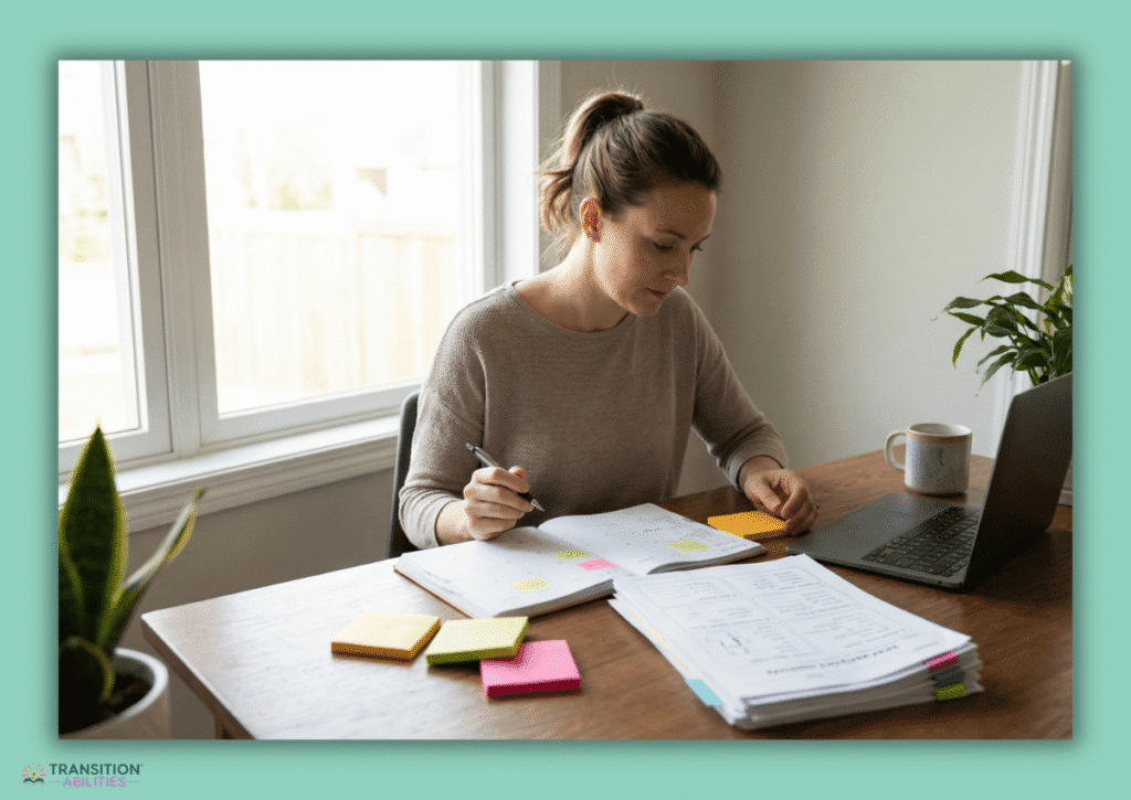 Woman writing in a planner with sticky notes beside a laptop