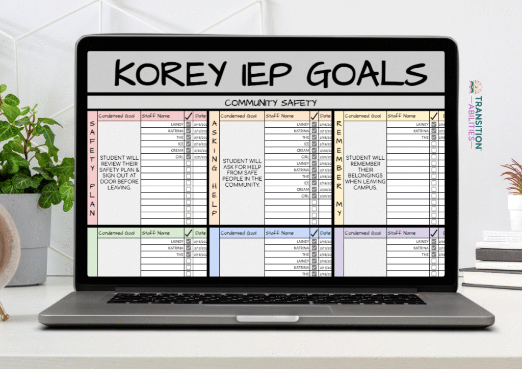 Laptop displaying IEP goals tracking sheet