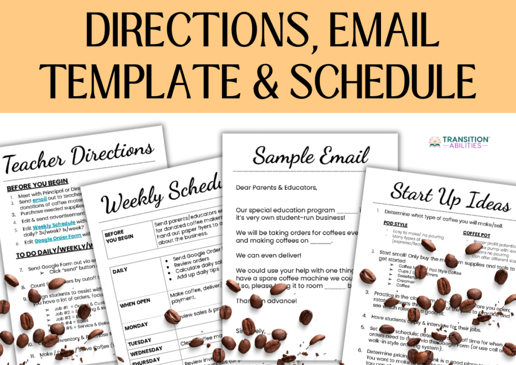 Coffee cart directions, email template, and schedule documents with coffee beans