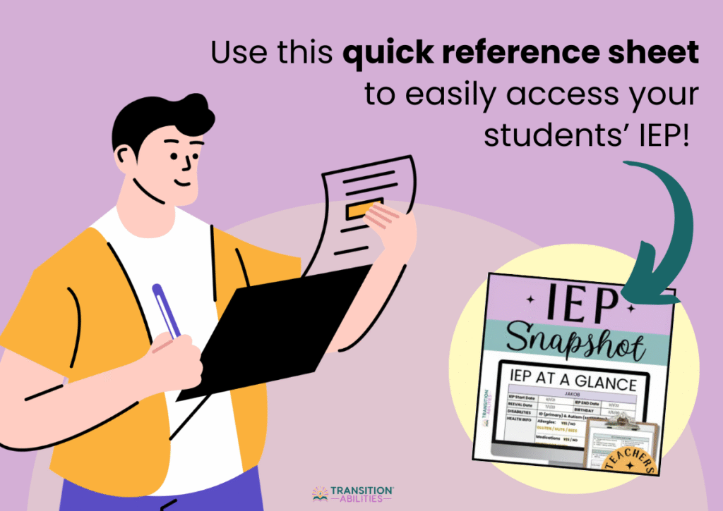 Illustration of person using a quick reference IEP sheet