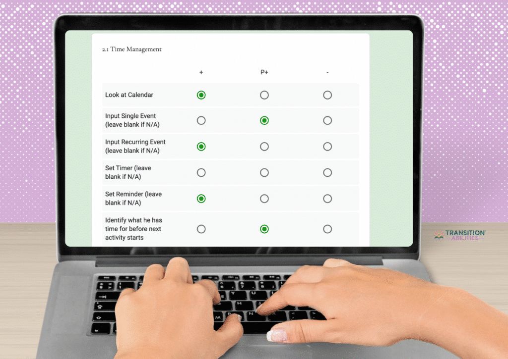 Hands typing on laptop with a time management checklist form