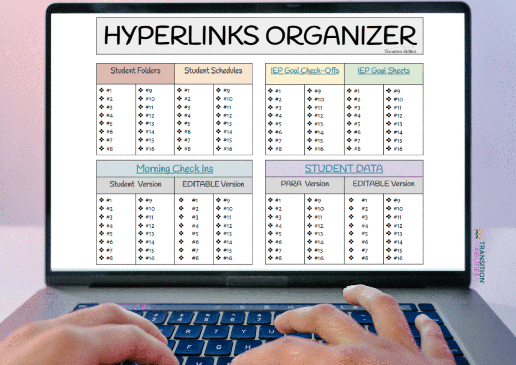 Laptop showing hyperlinks organizer for student data and IEP goals