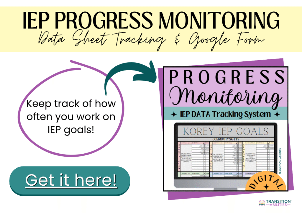 IEP progress monitoring graphic with data tracking and Google Forms text