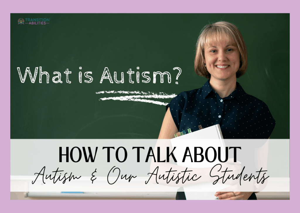 Teacher holding books with text about talking about autism with students