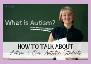 Teacher holding books with text about talking about autism with students