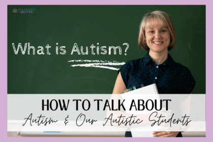 Teacher holding books with text about talking about autism with students
