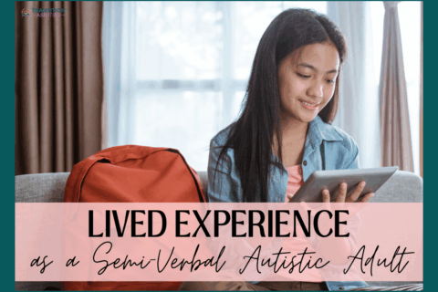 Student with backpack using tablet