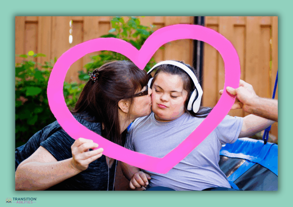 Woman kissing girl with headphones inside heart frame