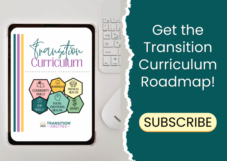 Tablet showing transition curriculum roadmap with subscribe message
