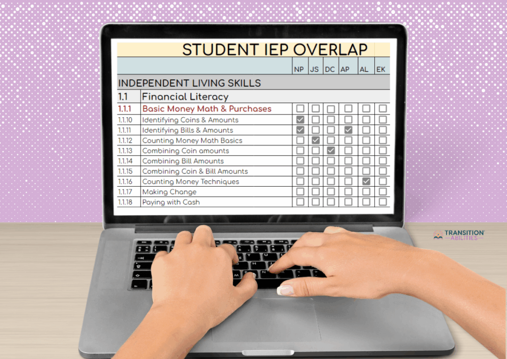 Hands typing on laptop showing student IEP overlap chart