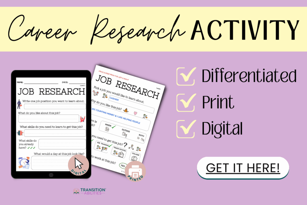 Career research activity worksheet shown on tablet and paper